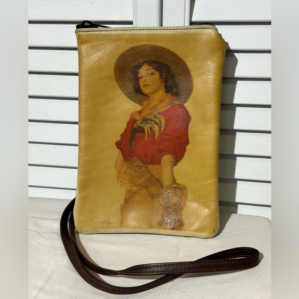 Vintage Cowgirl Print Leather Mini Crossbody Purse